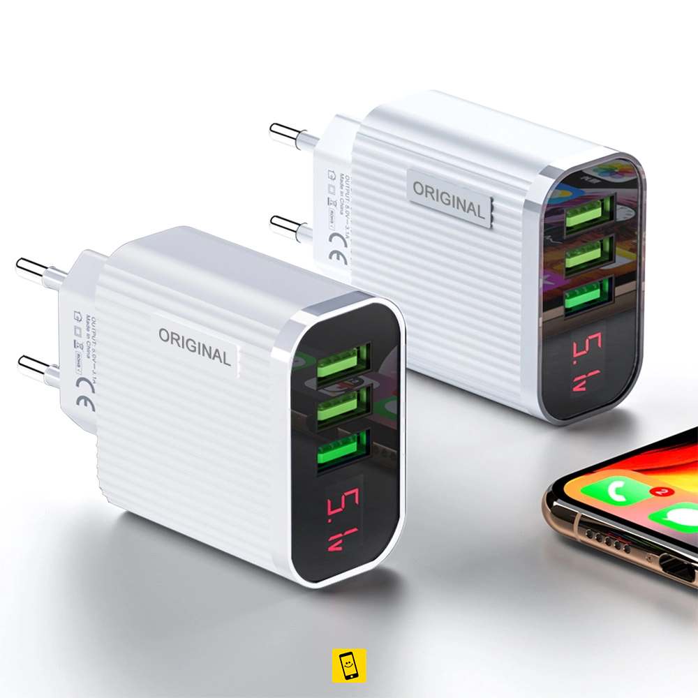 3 Ports USB Charger Adapter Smart LCD Voltage Display Wall Quick Charging