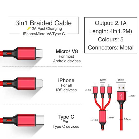 4ft 3in1 Fast Charging 2A Braided Cable