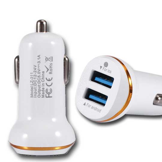 2A 5V Dual USB Port Car Charger Gold Ring