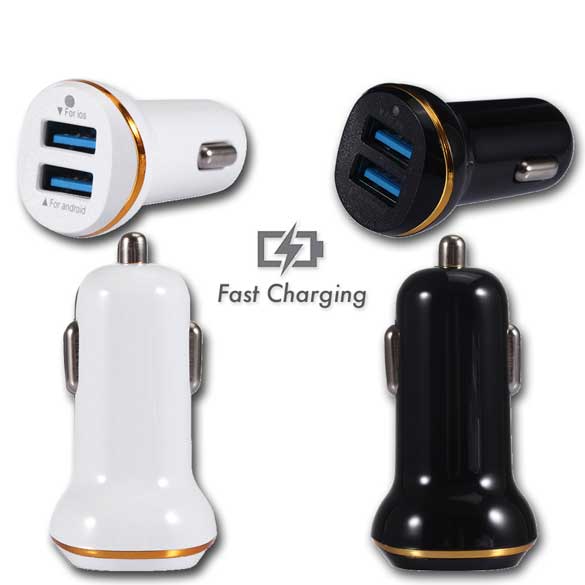 2A 5V Dual USB Port Car Charger Gold Ring