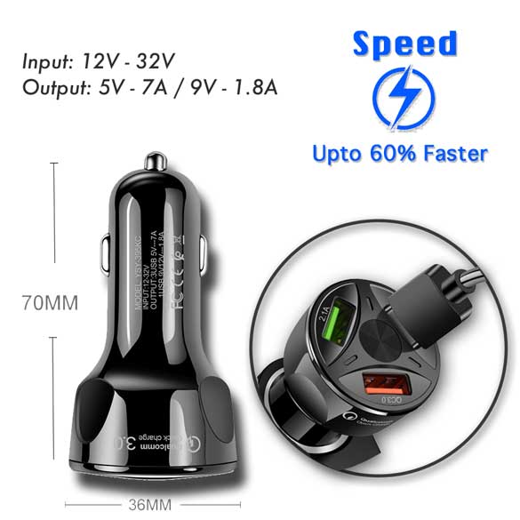 35W 7A QC3.0 Fast Charging 3 USB ports Car Charger Plug