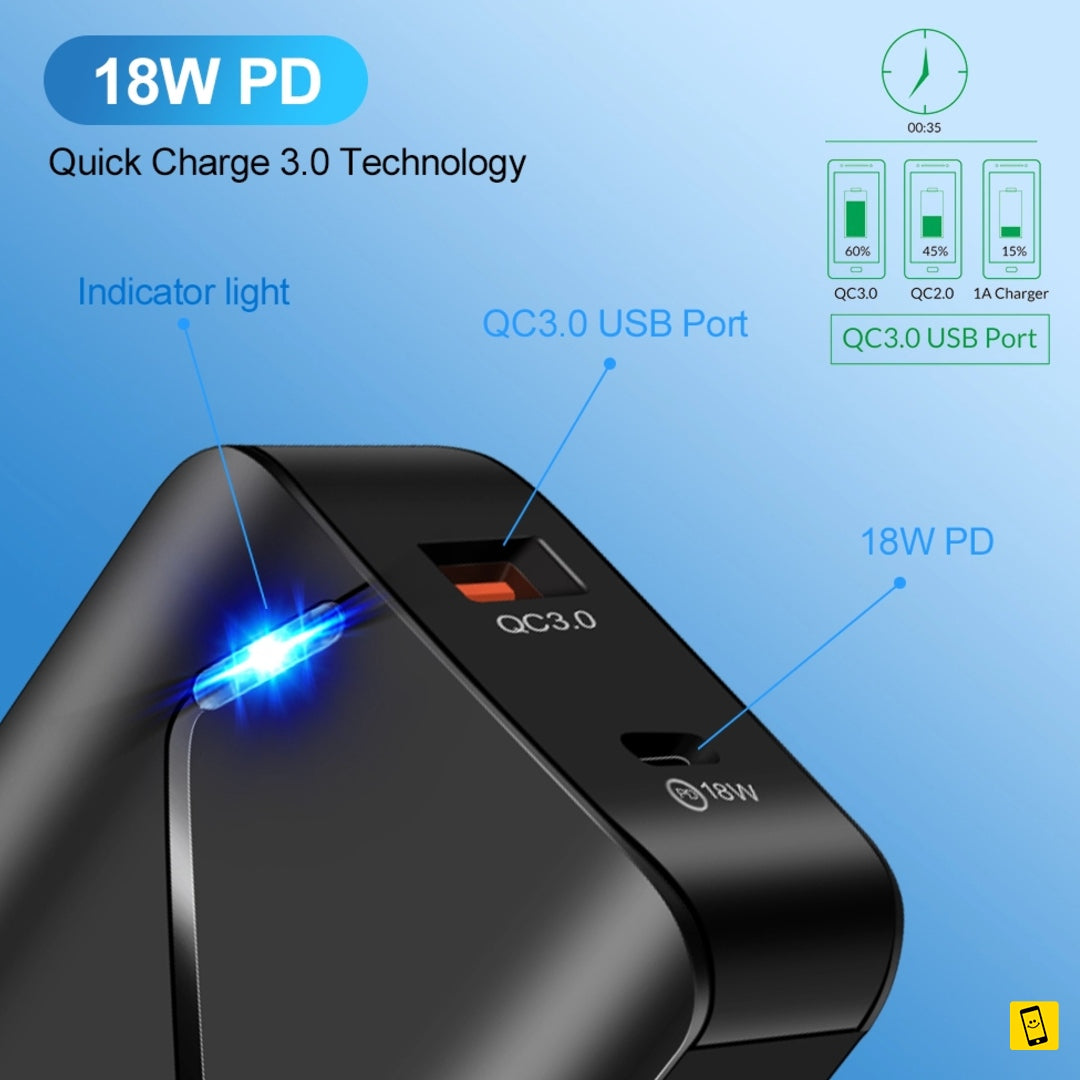 LED QC 3.0 PD 18W USB Wall Charger