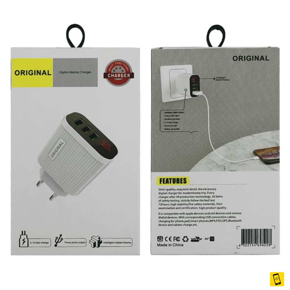 3 Ports USB Charger Adapter Smart LCD Voltage Display Wall Quick Charging