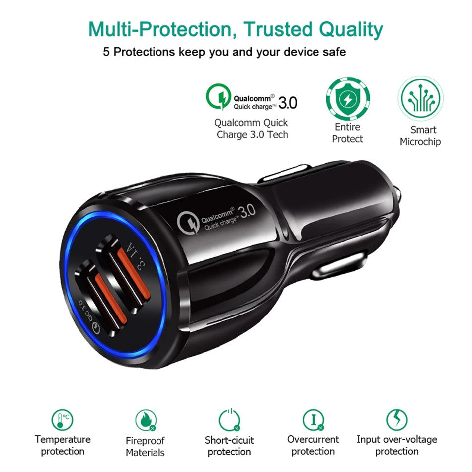 QC3.0 + 3.1A Dual USB Car Charger Plug Fast Charging