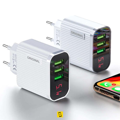3 Ports USB Charger Adapter Smart LCD Voltage Display Wall Quick Charging