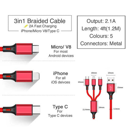 4ft 3in1 Fast Charging 2A Braided Cable