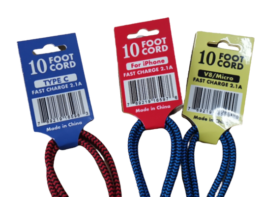 2.4A Fast Charging 10Foot Long Cords with Hang Tags