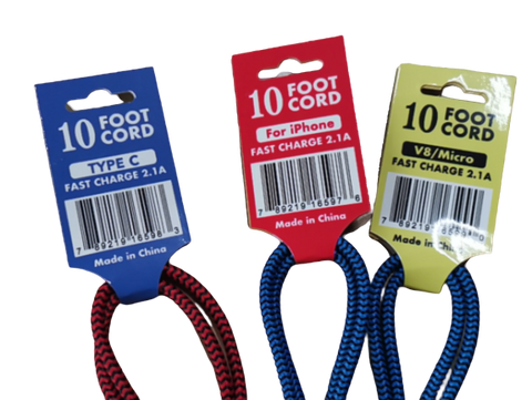 2.4A Fast Charging 10Foot Long Cords with Hang Tags