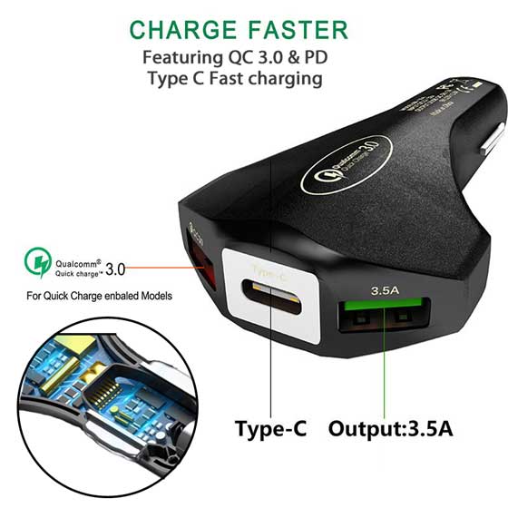 3 Port USB Car Charger QC 3.0 PD Type C Fast Charger 3.5A [PREMIUM AA+]