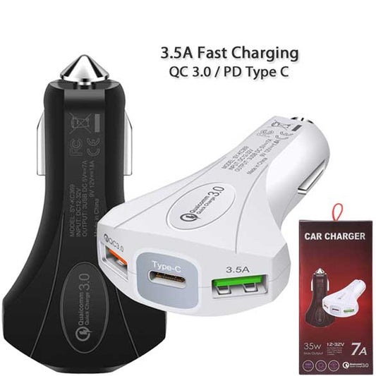 3 Port USB Car Charger QC 3.0 PD Type C Fast Charger 3.5A [PREMIUM AA+]