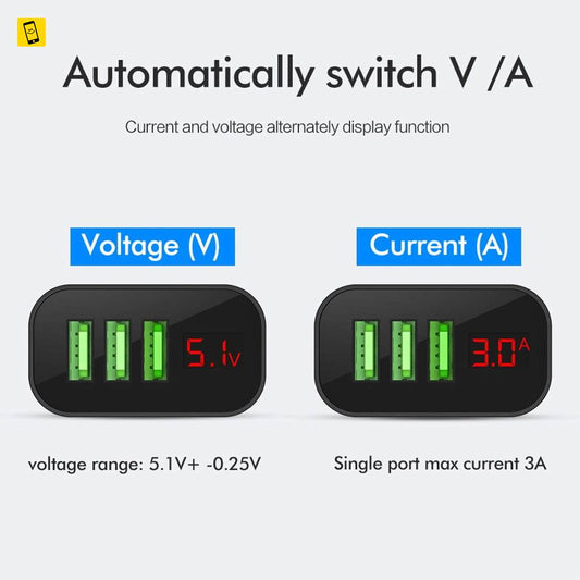 3 Ports USB Charger Adapter Smart LCD Voltage Display Wall Quick Charging