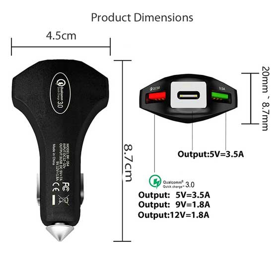 3 Port USB Car Charger QC 3.0 PD Type C Fast Charger 3.5A [PREMIUM AA+]