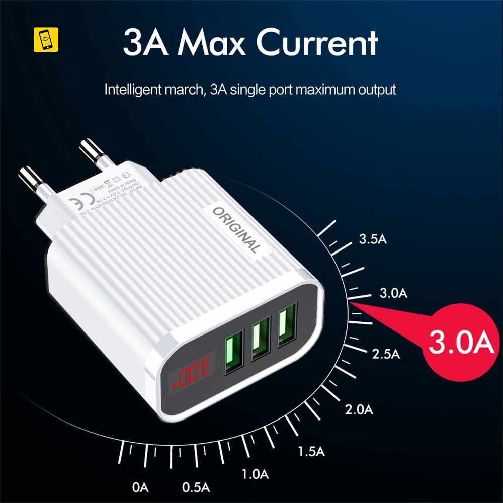 3 Ports USB Charger Adapter Smart LCD Voltage Display Wall Quick Charging