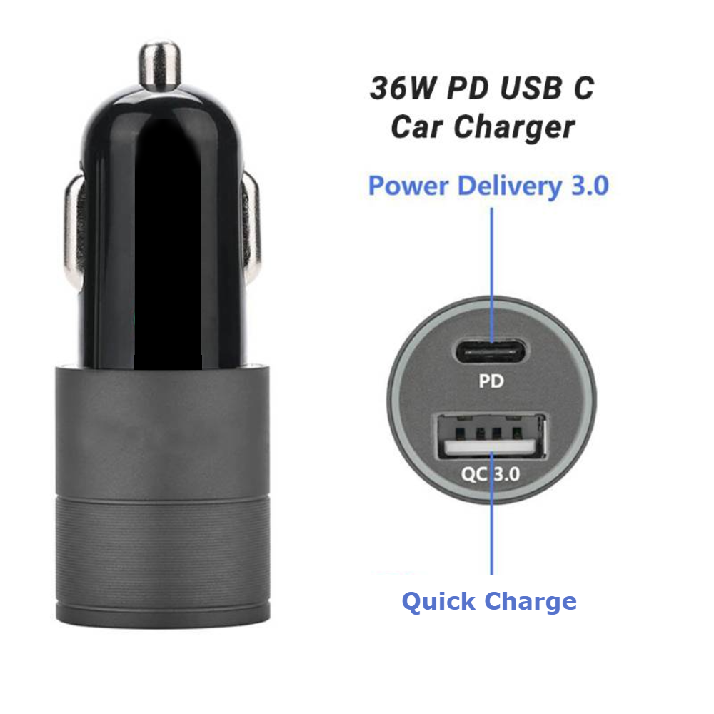 36W PD USB C Car Charger Dual Port