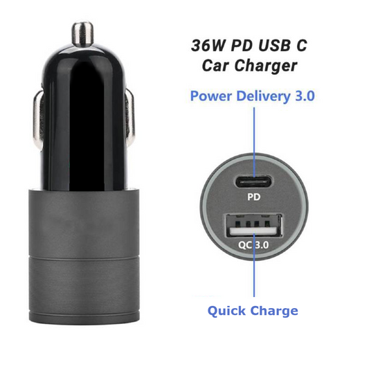 36W PD USB C Car Charger Dual Port