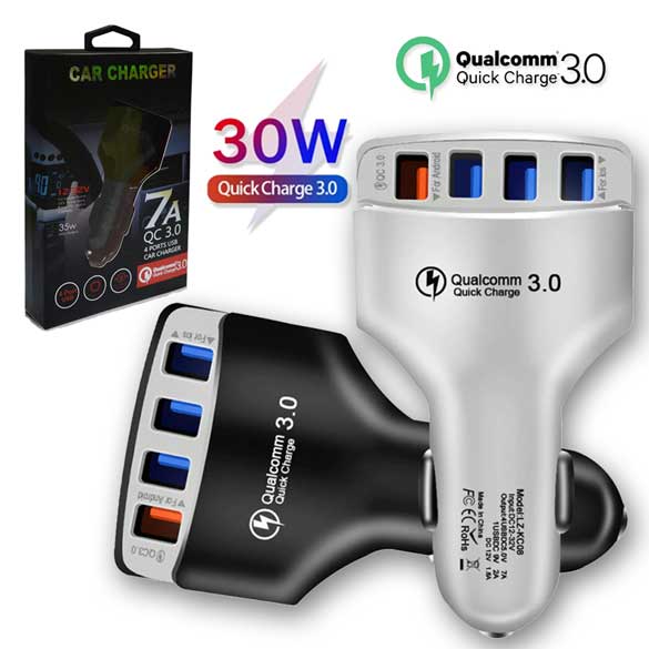Qualcomm™ 4 Port USB Car Charger 7A QC 3.0-12-32V